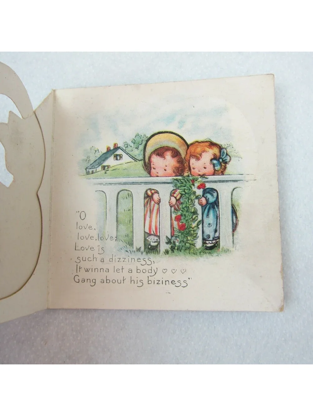 Vintage Valentine Card Foldout Stand Up Postman Boy & Girls at Fence 1920-30s